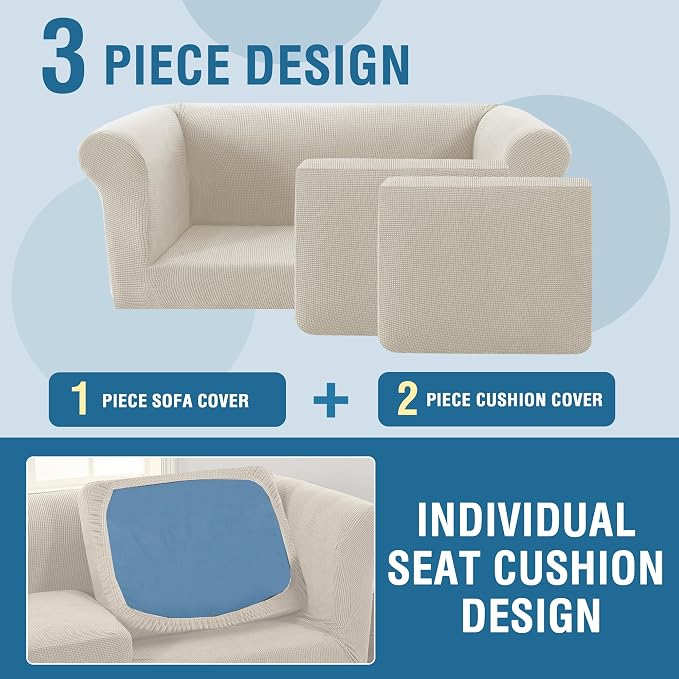 H.VERSAILTEX 3 Piece Loveseat Cover Stretch Chesterfield Loveseat Covers for 2 Cushion Couch Non Slip Mid Century Deep Seat Couch Cover Washable, Thicker Jacquard Fabric(Medium Sofa, Island Fossi)