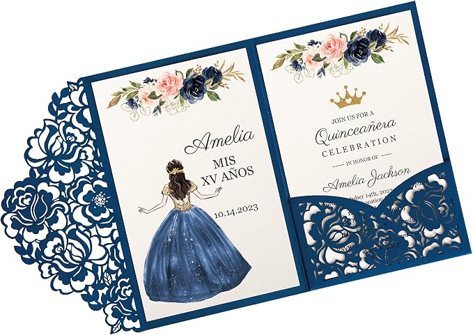 DORIS HOME 50Pcs Personalized Laser Cut Quinceanera Invitations, Blue | 4.7"x7.1", Customized Quince Invitations, For 15th Birthday, Sweet 16, With Envelopes