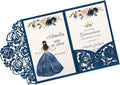 DORIS HOME 50Pcs Personalized Laser Cut Quinceanera Invitations, Blue | 4.7"x7.1", Customized Quince Invitations, For 15th Birthday, Sweet 16, With Envelopes