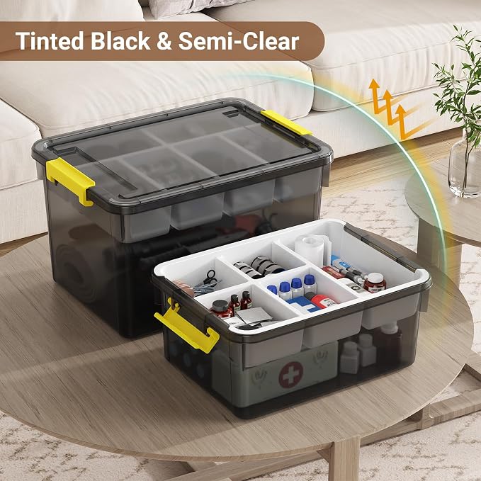 80Qt Large Stackable Storage Bins with Lids & Trays, Clear Plastic Latching Boxes Organizers with Dividers Portable Containers for Arts & Crafts,Home & Car Trunk Organization,Clear Grey,2Pack