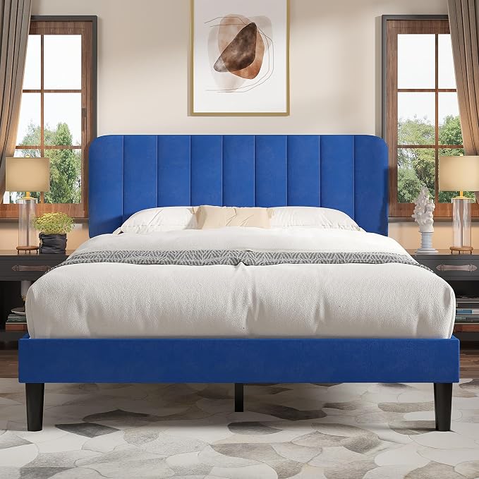 VECELO Queen Size Bed Frame with Upholstered Headboard, Velvet Platform Bedframe Mattress Foundation, Strong Wood Slat Support, No Box Spring Needed,Blue