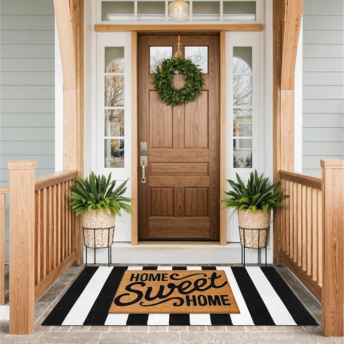 Collive Black and White Outdoor Striped Rug 24"x 51", Cotton Woven Fall Front Porch Rug Decor,Washable Front Door Rugs, Farmhouse Layered Door Mats Outdoor for Entryway Entrance