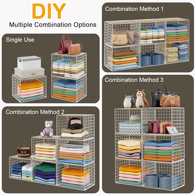 6 Pack Closet Organizers And Storage, Stackable Closet Shelf Organizer Storage Bin Basket For Clothes Sweaters With Top Board, Widened Opening, Heightened Height, Large Capacity, Sturdy, Space-saver