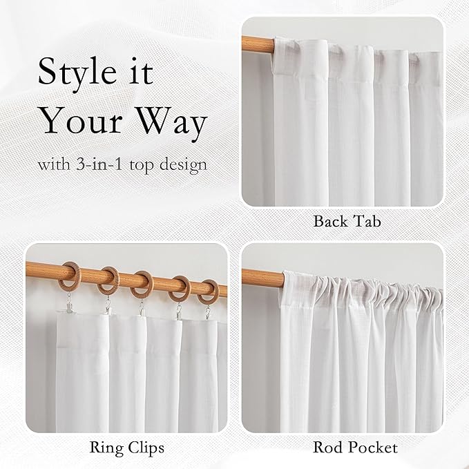 MYSKY HOME Patio White Curtains for Sliding Door 90 inch Length 2 Panels Set, Living Room Curtains & Drapes Soft Cotton Farmhouse Window Treatments Linen Look Semi Sheer Draperies, 50" W x 90" L