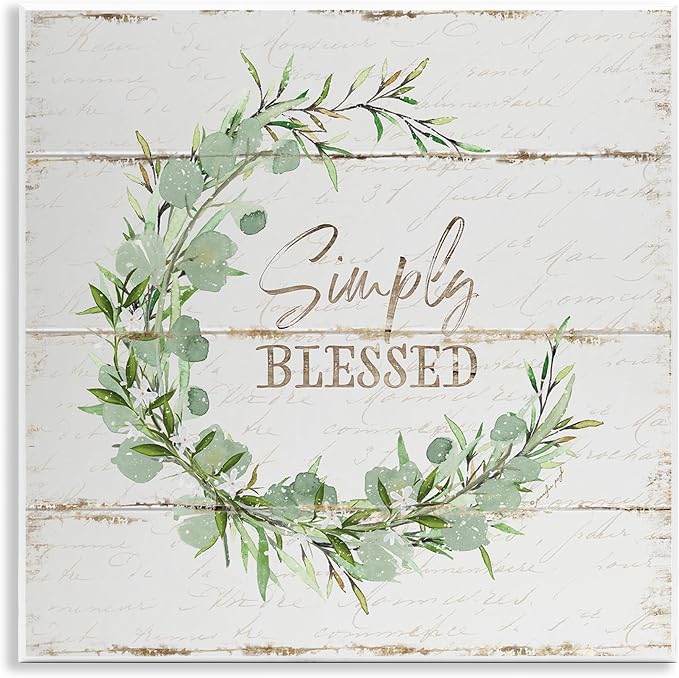 Stupell Industries Simply Blessed Phrase with Distressed Styling and Wreath Wall Art, 12x12, Off- White
