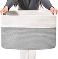 ICERZCZ Large Blanket Basket Living Room, Rectangle Storage Basket, Large Basket for Blankets, Woven Cotton Rope Baskets for Storage Toy Dirty Clothes, 22”x17”x12”, White & Grey, 75L