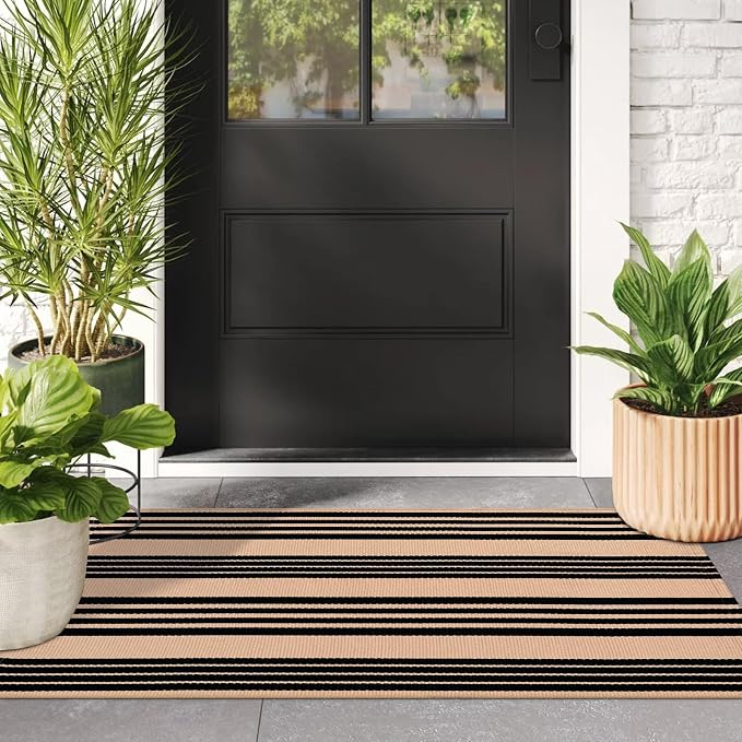 LEEVAN 2'X4.3' Black and Tan Striped Woven Cotton Reversible Outdoor Rug | Small Machine Washable Front Porch Rug, Entryway Door Mat, Indoor Layering Carpet for Farmhouse Bathroom Laundry