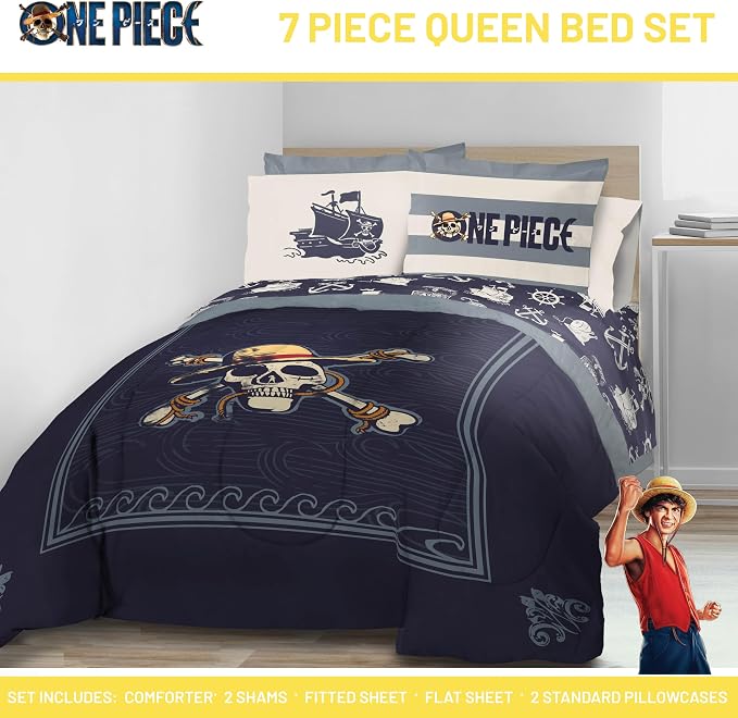 One Piece Luffy Queen Comforter Set 7 Piece Soft Anime Bedding, Blue | Bed in a Bag, Comforter Sheets Shams Pillowcases, Official Product, Soft Microfiber, Machine Washable, Kids Gift