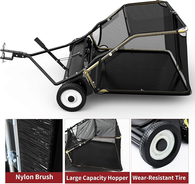 YITAMOTOR 50" Lawn Sweeper Tow Behind with 25 cu.ft Capacity Collector | 50" Tow Behind Lawn Sweeper with 25 cu.ft Large Hopper. Rotating brush drum, Pull Behind Lawn Sweeper for Tractors/ATVs.