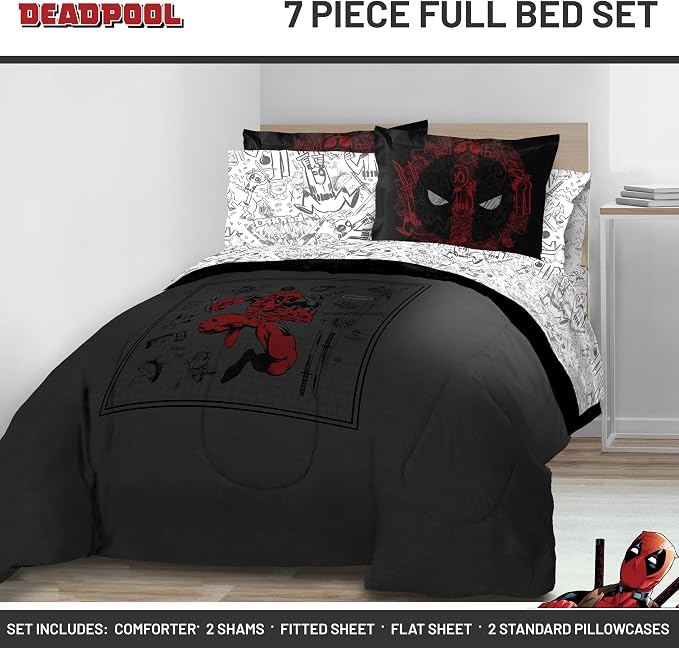 Marvel Deadpool Full Comforter Set 7 Piece Soft Bedding for Boys, Gray | Bed in a Bag, Comforter Sheets Shams Pillowcases, Official Product, Soft Microfiber, Machine Washable, Boys Gift