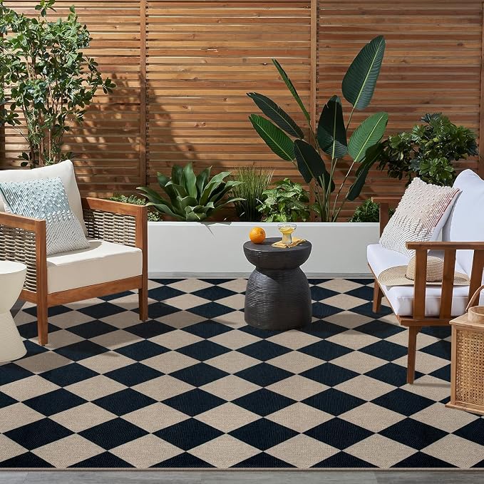 Rugalia Easy Jute 5x7 Outdoor Patio Rug, Washable Black Checkered Rugs for Living Room, Non-Slip Farmhouse Diamond Outdoor Mat Neutral Abstract Floor Carpet for Patio Dining Room Backyard