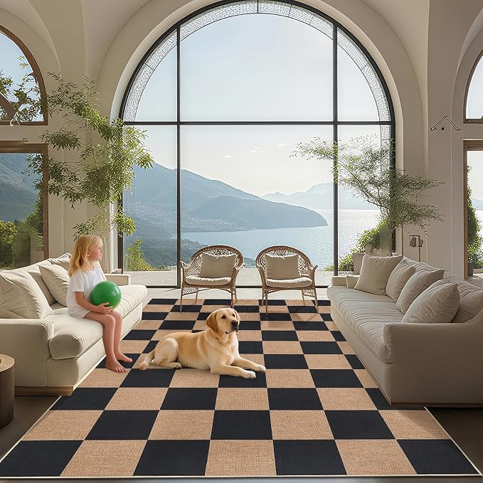 GarveeHome 9x12 Checkered Easy Jute Rugs for Bedroom Machine Washable Large Rugs Non-Slip Backing Modern Neutral Stain Resistance Carpets for Farmhouse Patio Dining Room Backyard Black Tan