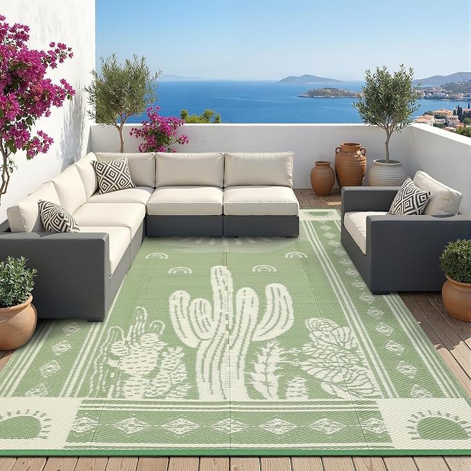 Garvee Reversible Cactus Outdoor Rug 8x10 for Patio, Waterproof Outdoor Area Rug, Modern Desert Botanical Indoor Outdoor Rugs, Plastic Straw Rug for RV, Camping, Deck, Sage Green & Beige