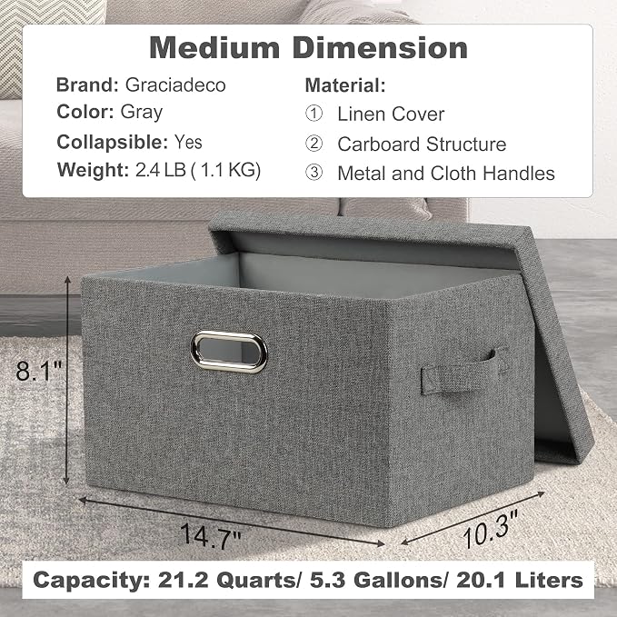 Graciadeco Medium 15" 21 Quart Collapsible Stackable Storage Bins with Lids, 1 Pack Gray Foldable Fabric Closet Storage Boxes with Lids, 4 Handles Heavy-duty Linen Cube Baskets for Bedroom | 21 Quart 1 Pack Gray1 Collapsible Stackable Linen Fabric 4 Ha...