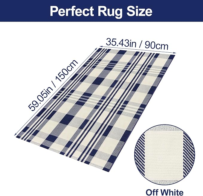 Buffalo Plaid Rug 3x5 Cotton Woven Buffalo Check Rug Navy and Off White Front Porch Doormat Checkered Outdoor Washable Indoor Outdoor Area Rug Layered Door Mats Carpet for Entryway Kitchen Farmhouse