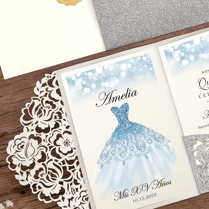 DORIS HOME 50Pcs Personalized Laser Cut Quinceanera Invitations, Silver | 4.7"x7.1", Customized Quince Invitations, For 15th Birthday, Sweet 16, With Envelopes
