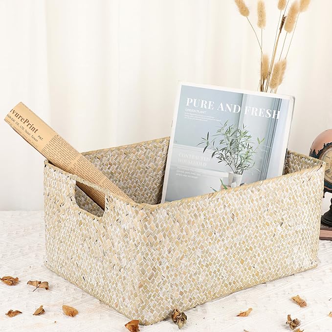 Hipiwe Wicker Shelf Baskets Seagrass Storage Opened Baskets Bin with Handle | Rectangular Closet Bedroom Basket Organizer Box, Multipurpose Woven Basket Home Organizer, Whitewash 14.6"x 10.6" x 7"