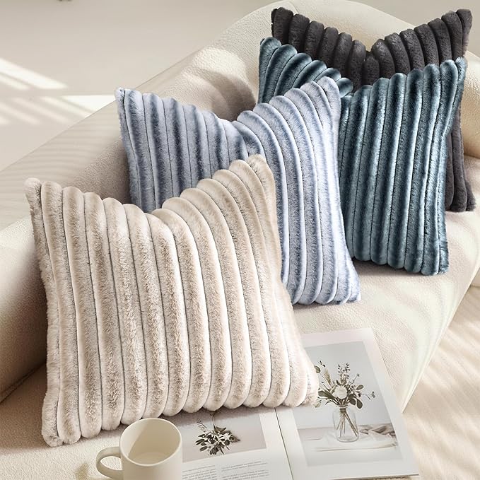 decorUhome Cozy Faux Fur Throw Pillow Covers 20x20 Set of 2 Decorative Soft Plush Striped Modern Farmhouse Boho Couch Pillow Cases with Velvet Back for Sofa Bed Living Room, Grey White