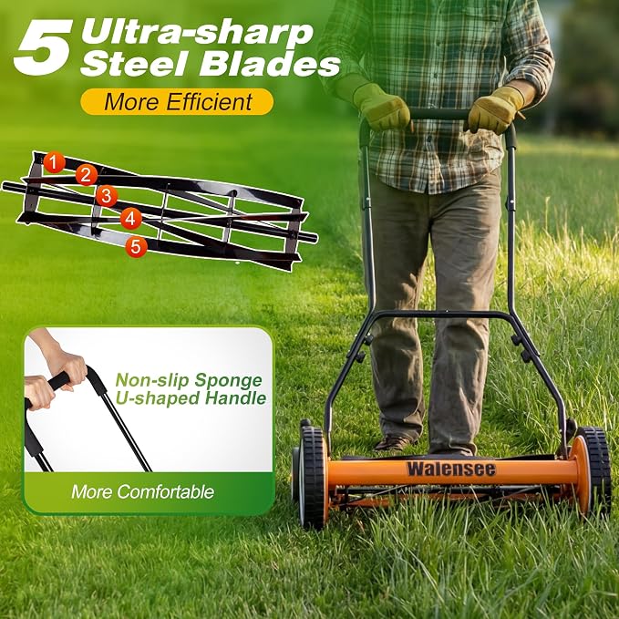 Walensee 18-Inch Manual Lawn Mower, 5-Blade Push Reel, 9 Heights | Precision-Ground Alloy-Steel Blades Deliver Clean Scissor-Like Cuts, While Manual Cordless Operation Keeps Lawn Care Quiet