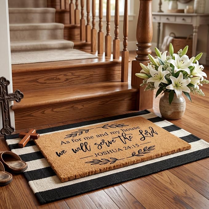 Moucuny 2 Pcs Christian Door Mat 24'' x 35'' Black and White Striped Outdoor Rug 16'' x 28'' as for Me and My House We Will Serve the Lord Non Slip Welcome Coir Mat for Front Decor