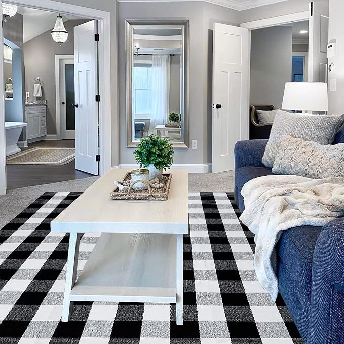 SEEKSEE Buffalo Plaid Rug 5' x 8' Black and White Area Rug, Washable Cotton Indoor Living Room Kitchen Dining Room Home Office Layering Rug Outdoor Patio Entryway Decor