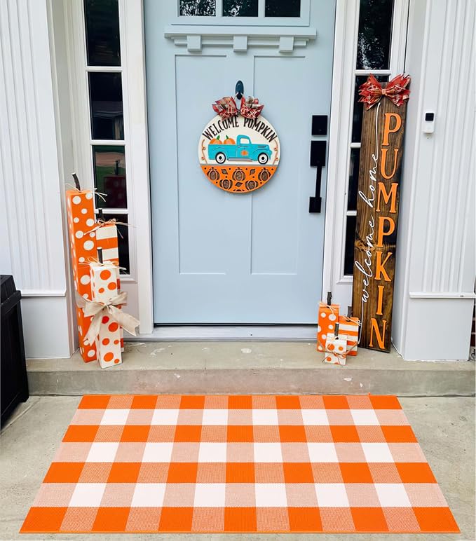 Orange and White Layered Doormat 27.5''x 43.3''Fall Outdoor Rug Cotton Woven Washable Farmhouse Door Mats Outdoor for Halloween Mat,Entryway,Bedroom,Patio