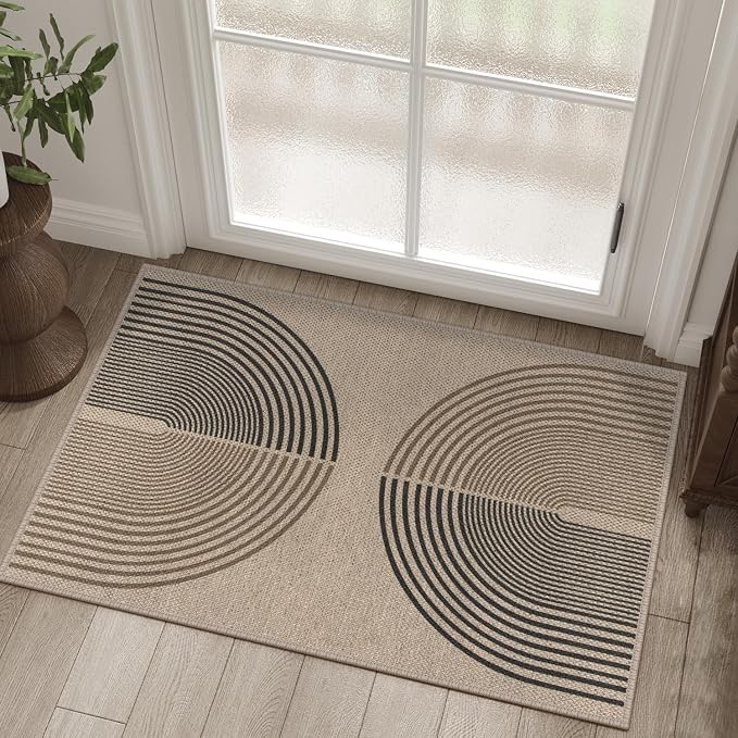 Rugalia Easy Jute Rainbow Entryway Rug, 2x3 Washable Non-Slip Indoor Outdoor Doormat, Neutral Boho Farmhouse Small Kitchen Rug Modern Abstract Throw Rugs for Entrance Bedroom Bathroom