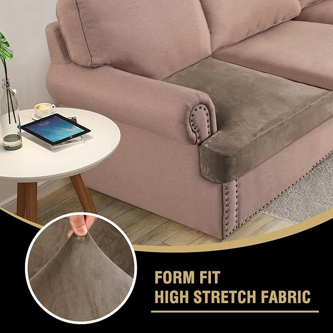 H.VERSAILTEX Stretch Velvet 3 Piece T Cushion Sofa Slipcovers for Living Room Individually Sofa Covers for 3 Cushion Seat Cushion Covers Stay with Elastic Bands (Sofa, Mocha)