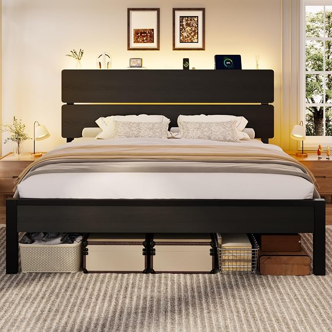 SHA CERLIN King Size Bed Frame, Led Light, Charging Station, Storage Shelf | Wooden Headboard, Heavy Duty Slats Support, Metal Platform Bed, Under Bed Storage, No Box Spring Needed, Noise Free, Black