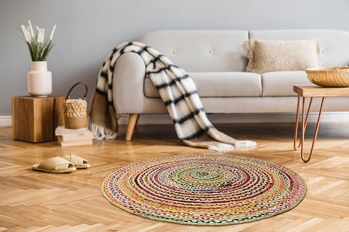 COTTON CRAFT Jute Cotton Chindi Braid Rag Rug - Boho Farmhouse Rustic - Handwoven Reversible Natural Jute and Recycled Cotton Throw Area Rug Carpet - Home Décor - 3 Feet Round Multi Color