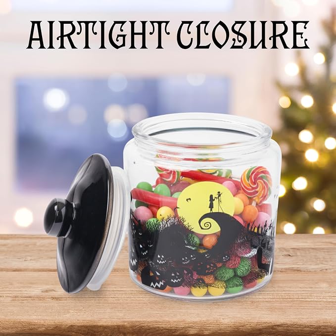 Silver Buffalo Disney The Nightmare Before Christmas, Glass Jar with Lid | Tim Burton, Moon Hill, Graveyard Scene, Jack Skellington and Sally, Cookie Snack Candy, Small Size