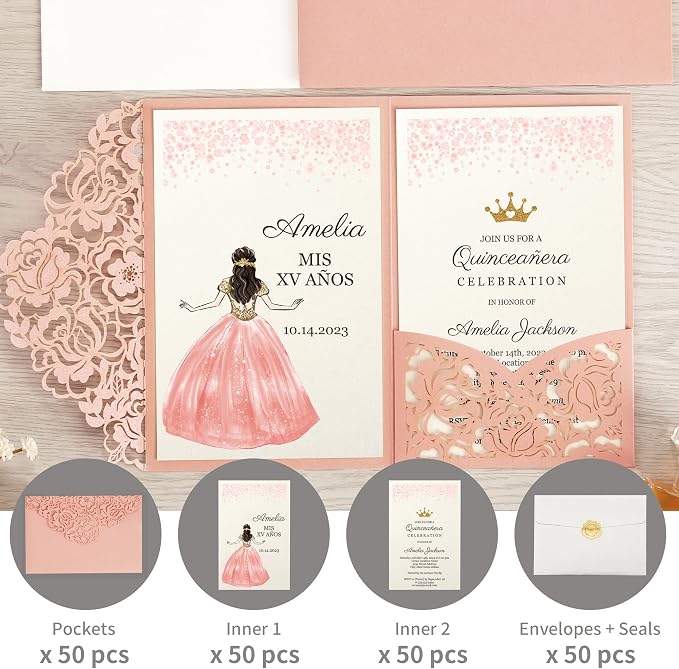DORIS HOME 50Pcs Personalized Laser Cut Quinceanera Invitations, Pink | 4.7"x7.1", Customized Quince Invitations, For 15th Birthday, Sweet 16, With Envelopes