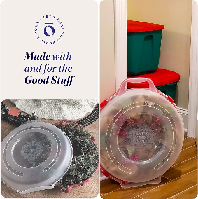 HOMZ Set of 3 Holiday Wreath Plastic Storage Containers, Holds Up to 24” Diameter, Secure Latching Lid and Easy Grip Handle, Stackable and Nestable, Red/Clear | Stackable Seasonal Decoration Organizer Bins with Lids and Handles for Christmas Wreaths an...