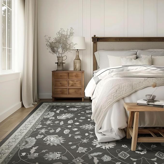 EVERGRACE Area Rugs for Living Room 9x12, Boho Floral Faux Wool Indoor Outdoor Rugs, Washable Rugs for Bedroom Dining Room Entryway Kitchen, Low Pile Floor Mat Carpet for Home Decor, Ebony Black