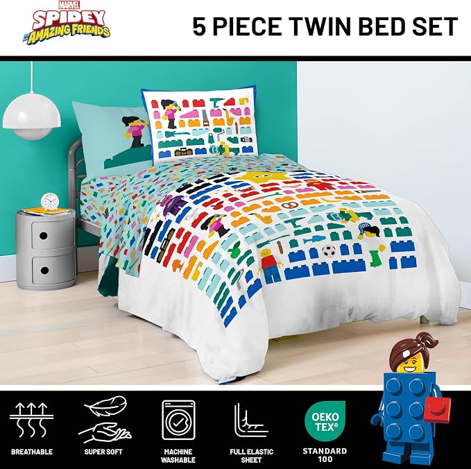 LEGO® Blocks Twin Comforter Set 5 Piece Soft Kids Bedding, White | Bed in a Bag, Comforter Sheets Sham Pillowcase, Official Product, Soft Microfiber, Machine Washable, Easy Care, Kids Gift