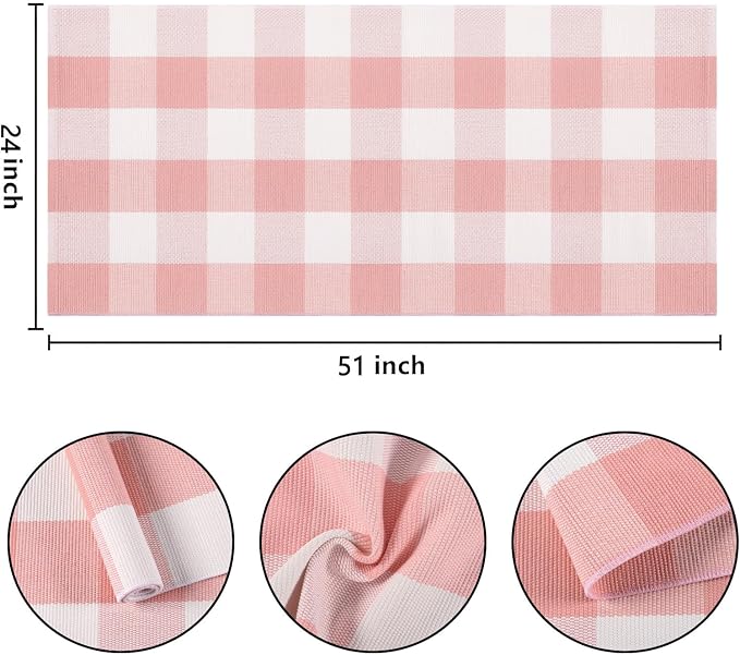 Pink and White Buffalo Outdoor Rug 24''x51''Checkered Plaid Front Porch Rug Cotton Woven Machine Washable Door Mat Outdoor for Layered Doormat Hello Welcome Door Mat Kitchen Farmhouse Entryway