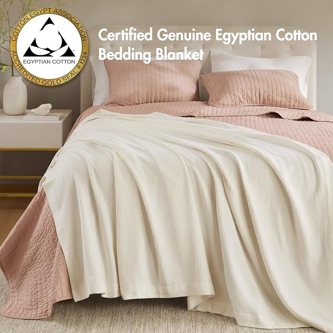 Madison Park 100% Egyptian Cotton Twin Size Bed Blanket for Summer Ivory | Cozy Soft Breathable Durable, Waffle Weave Woven Casual, Lightweight Knit All Season Throw for Bed Couch or Sofa, OEKO TEX