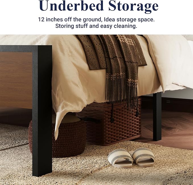 Allewie Queen Size Bed Frame, Heavy Duty 12 Metal Slats Support, Walnut | Wooden Headboard and Footboard, Modern Platform Bed, No Box Spring Needed, Under-Bed Storage, Noise Free, Easy Assembly