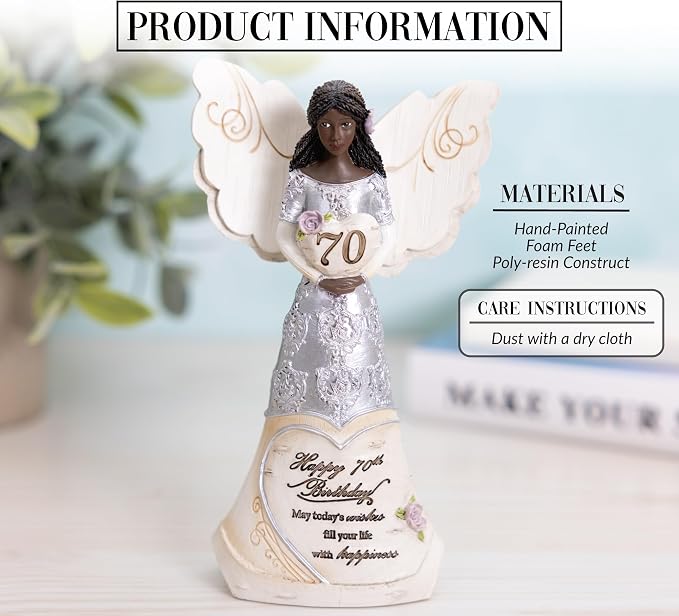 Pavilion Gift Company - Happy 70th Birthday - 6" Ebony African American Angel Figurine Religious Best Friend Bestie BFF God Jesus Lover Christian Christ Gift Present