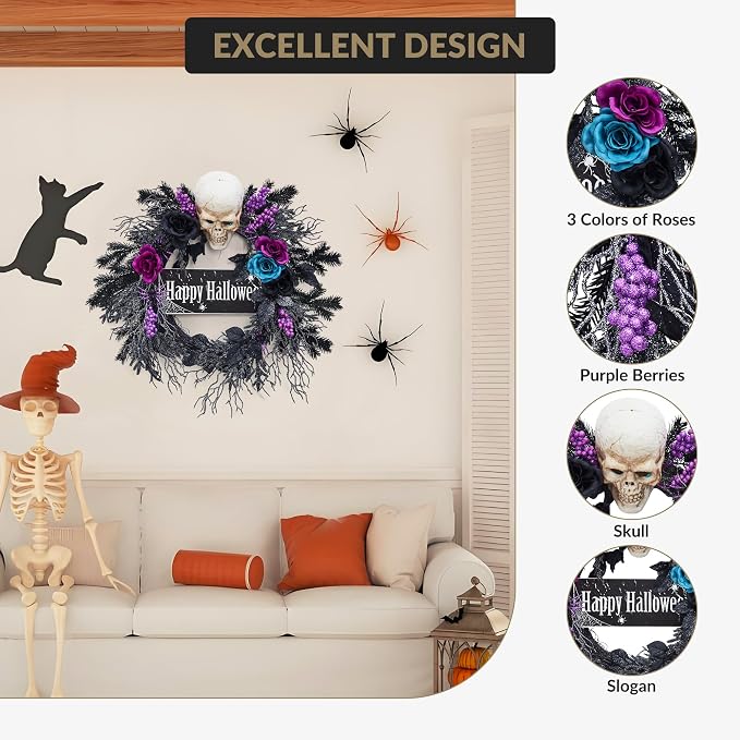 GarveeHome 22 in Halloween Wreath, with Black, Blue and Purple Flowers, Artificial Halloween Spooky Wreath with 20 Led Lights for Front Door, Porch, and Entryway