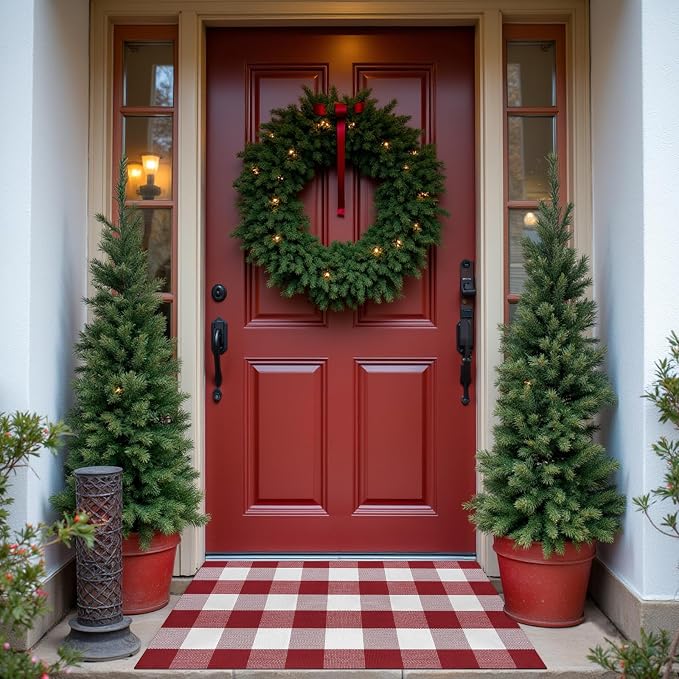 Buffalo Plaid Area Rug, Checkered Rug 3x5 Ft, Red and White Rug, Washable Cotton Mat for Front Porch, Entryway, Kitchen, Living Room, Christmas Decor