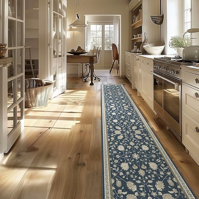 EVERGRACE Hallyway Area Runner Rugs 2x10, Boho Floral Faux Wool Indoor Outdoor Rugs, Washable Rugs for Bedroom Dining Room Living Room Kitchen, Low Pile Floor Mat Carpet for Home Decor, Navy Blue