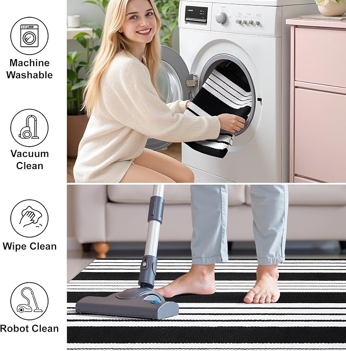 OLANLY Black and White Classic Striped Rug 2' x 4'3" (24" x 51") | Washable Cotton Indoor Outdoor Doormat for Front Door, Entryway, Kitchen, Porch, Patio Decor