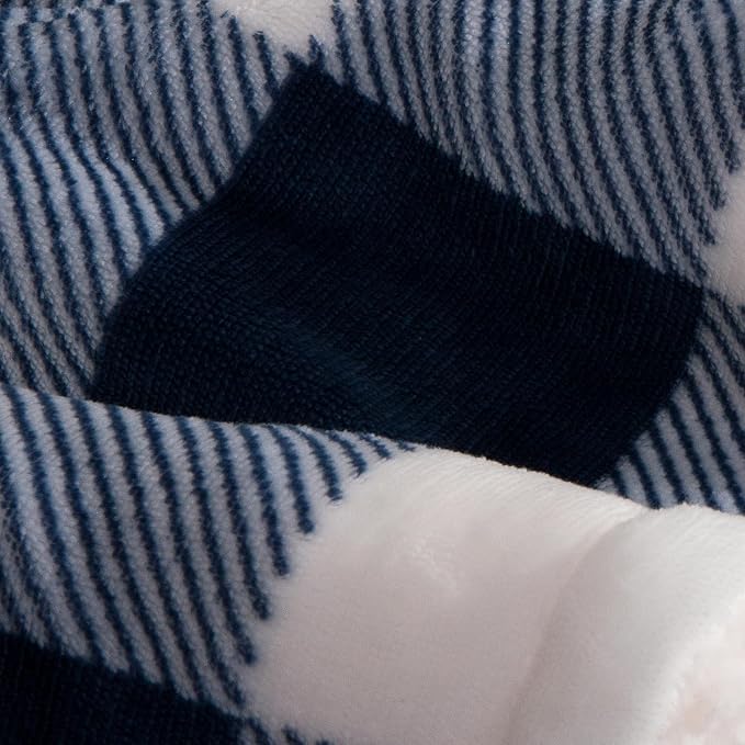 Elegant Comfort Ultra Soft Reversible Buffalo Plaid Flannel Sherpa Blanket - Cozy Silky Checkered Fleece Throw for Couch, Bed - Plush Fuzzy Warm Winter Blanket for Gift, King, Navy