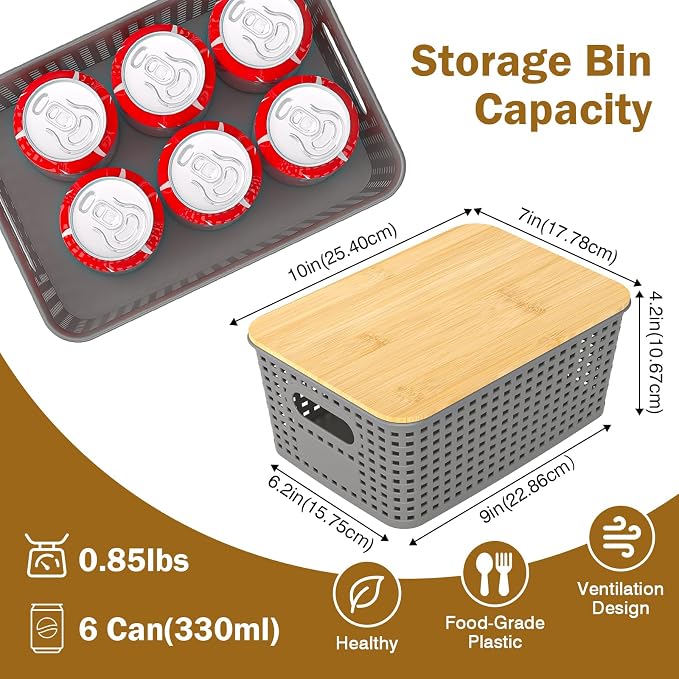 Stackable Storage Baskets: 8 Pack Plastic Baskets Bins, Gray | Decorative Baskets for Organizing, Pantry Decorative Containers for Closets, Cabinets, Shelves