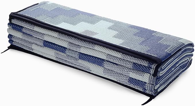 FH Home Outdoor Camping Rug - Waterproof, Fade Resistant, Reversible - Premium Recycled Plastic - Geometric - Large Patio, Deck, Sunroom, RV - Aztec Kilim - Blue Multi - 9 x 12 ft Foldable