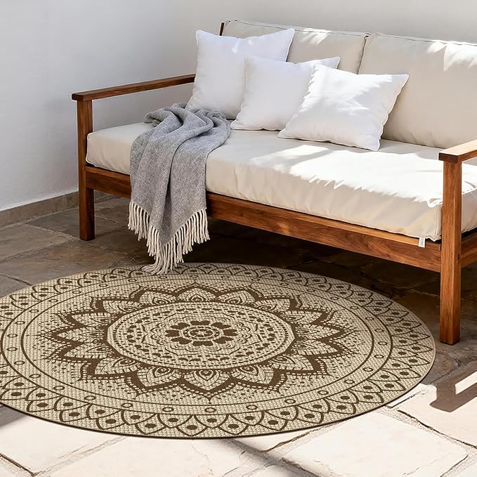 Faux Jute Outdoor Round Rug, 5ft Washable Indoor Outdoor Patio Rug, Brown Non Slip Round Area Rug Farmhouse, Boho Carpet for Backyard Patio