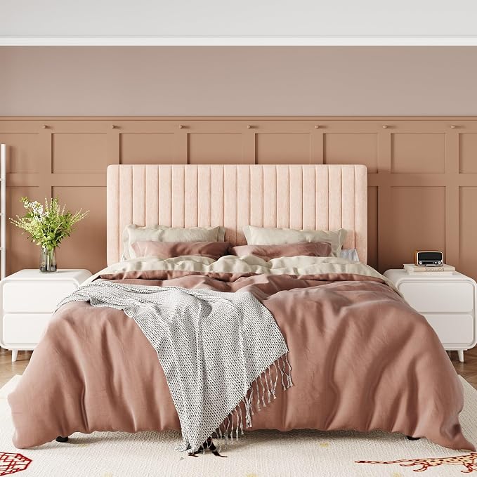 Allewie Queen Bed Frame, Upholstered Platform Bed with Adjustable Vertical Channel Tufted Headboard, Mattress Foundation with Strong Wooden Slats, Box Spring Optional, Easy Assembly, Chenille Pink