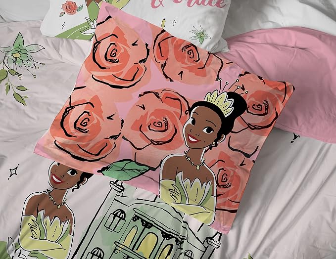 Disney Princess Tiana Full Comforter Set 7 Piece Kids Bedding, Pink | Bed in a Bag, Comforter Sheets Shams Pillowcases, Soft Microfiber, Machine Washable, Girls Gift