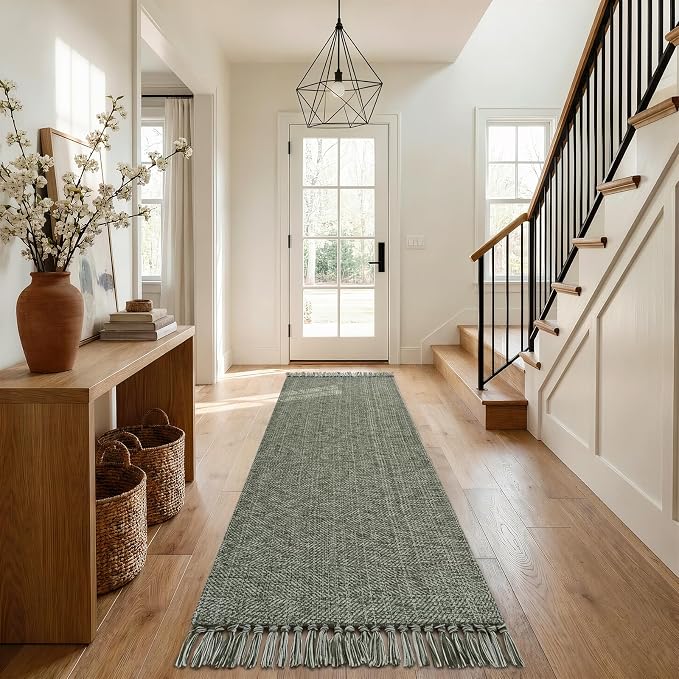 Collive Sage Green Kitchen Runner Rug, Modern Farmhouse Hallway Runner Rug Boho Washable Bathroom Rugs, 2.6' x 8' Braided Entry Hall Carpet for Laundry Bedroom Decor